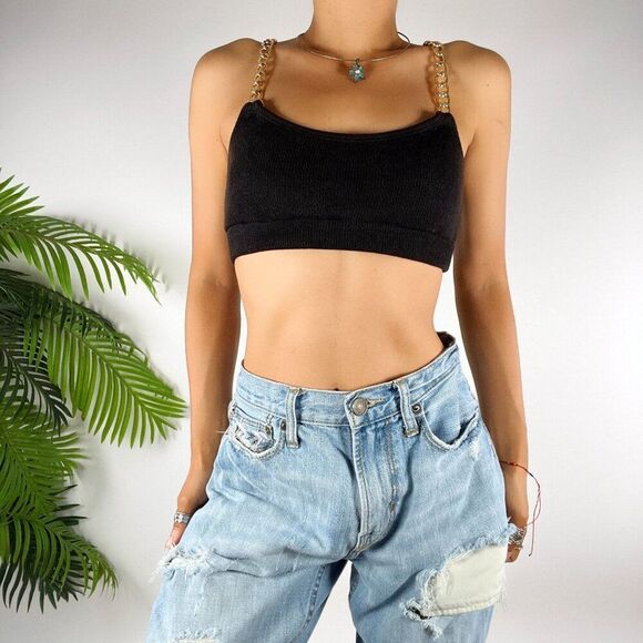 Vintage Black Knit Bralette Grunge Streetwear Gold Chain Strap Crop Top / Small - Picture 3 of 5